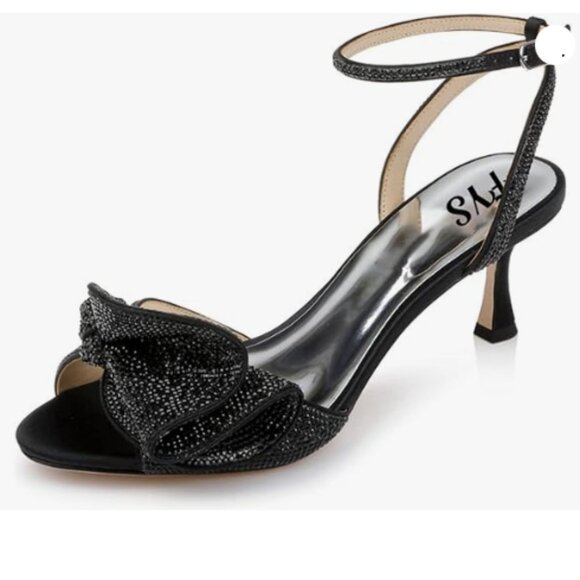 FYS Women Cute Rhinestones Bow Peep Toe Low Kitten Heel Ankle Strap Sandal Black - Picture 1 of 8